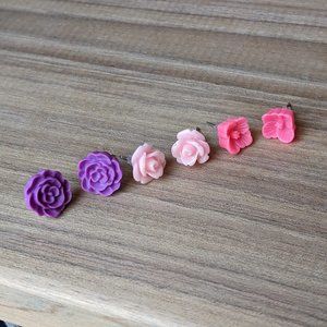 Floral Resin Stud Earrings Set of 3 - Purple Rose, Light Pink Rose, Pink Pansy